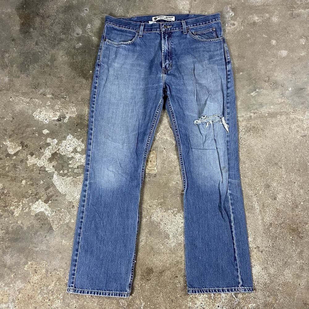 Vintage Harley-Davidson‎ Jeans Size 38x34 Blue Denim Medium Wash Distressed Moto